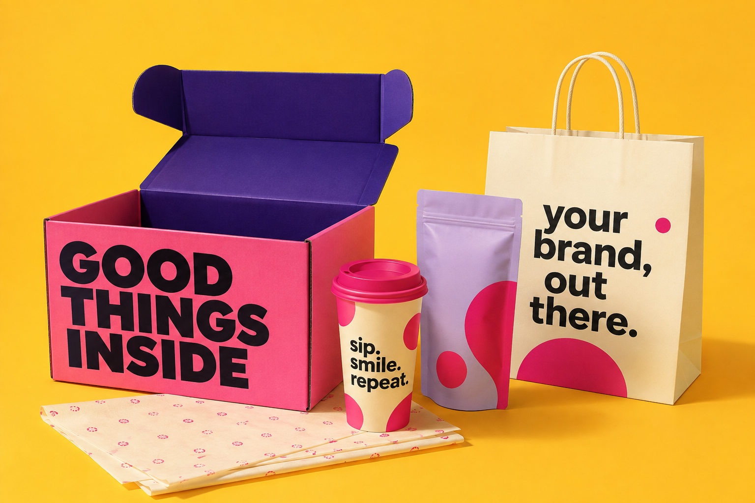 Coordinated custom mailer box, paper cup, shopping bag, pouch and tissue paper