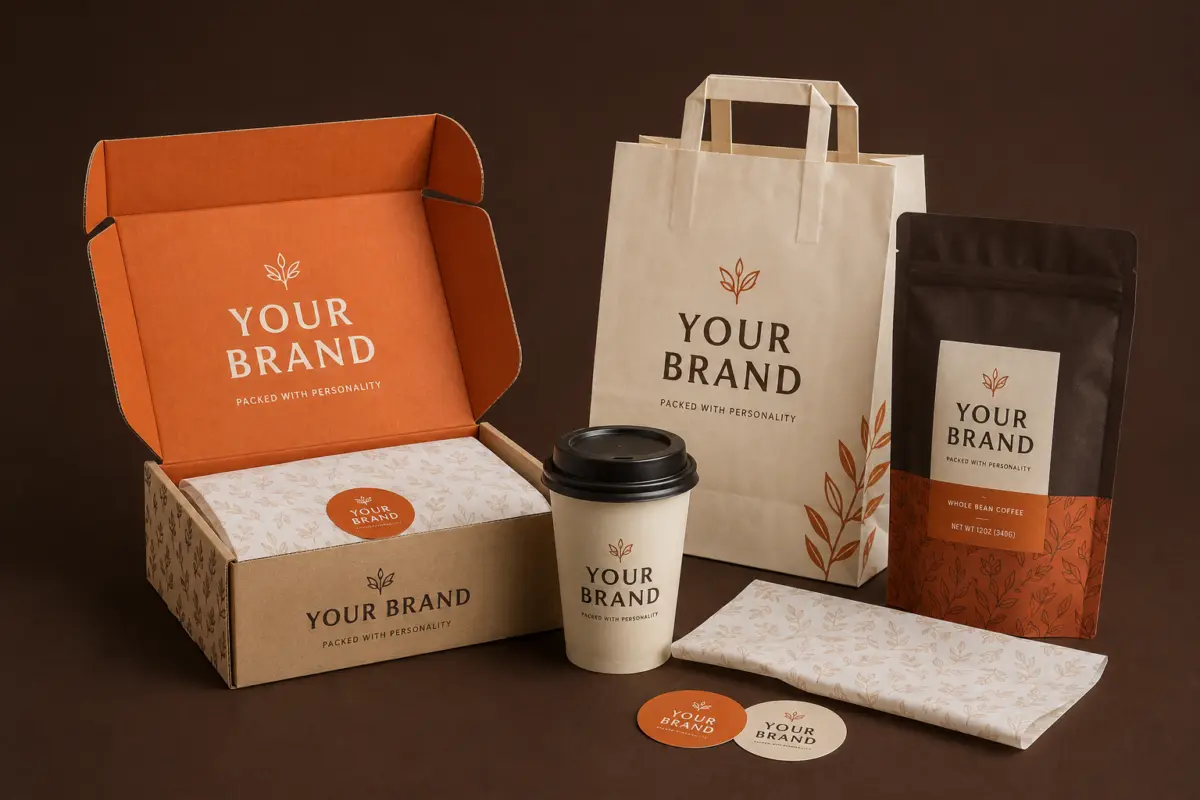 Coordinated custom mailer box, paper cup, shopping bag, pouch and tissue paper