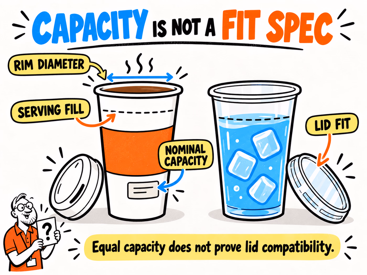 Diagram of hot and cold cups distinguishing nominal capacity, illustrative serving fill, rim diameter, and lid fit.