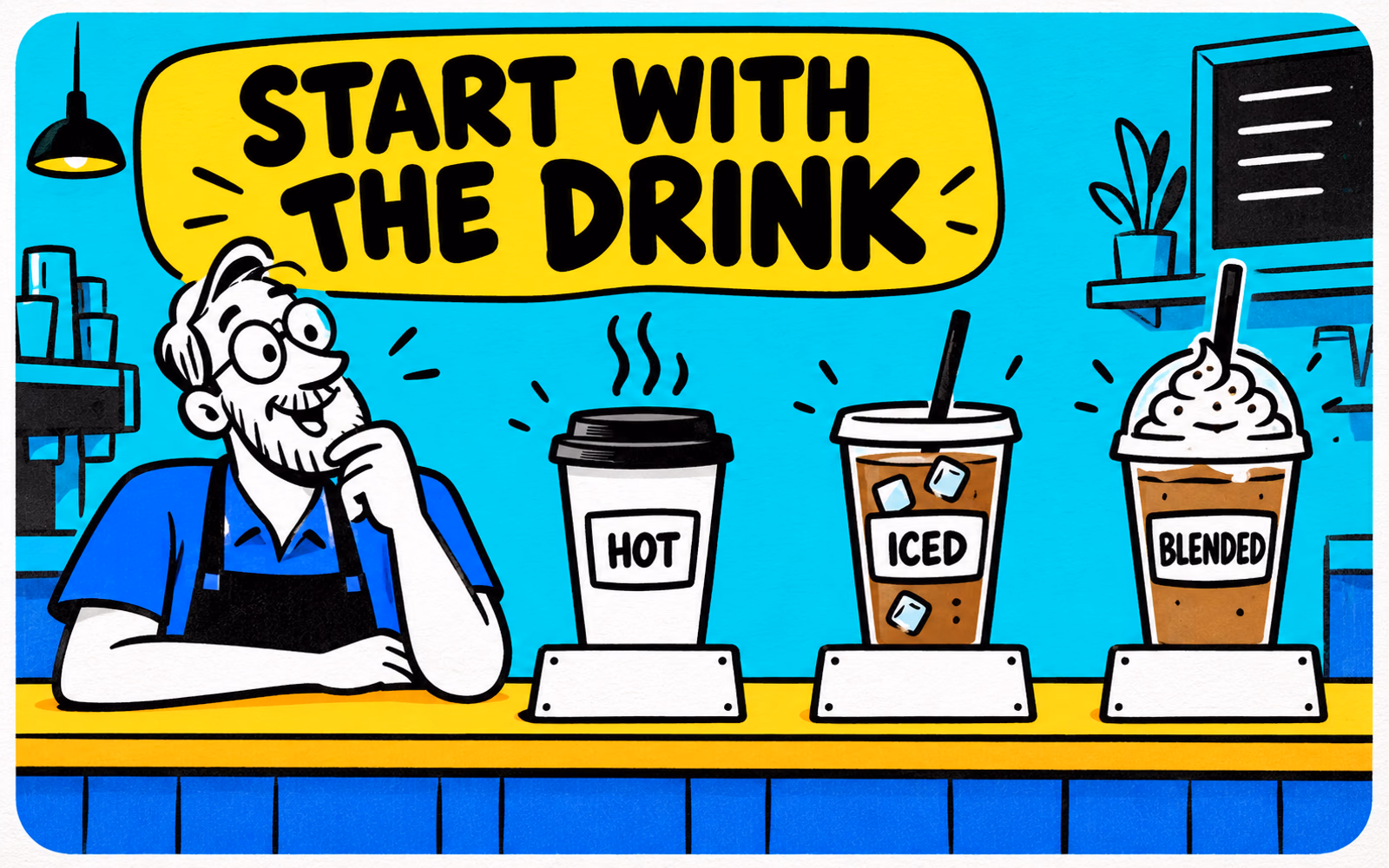 Three unbranded cartoon drinks labeled hot, iced and blended sit beside blank planning cards and an illustrated café owner.