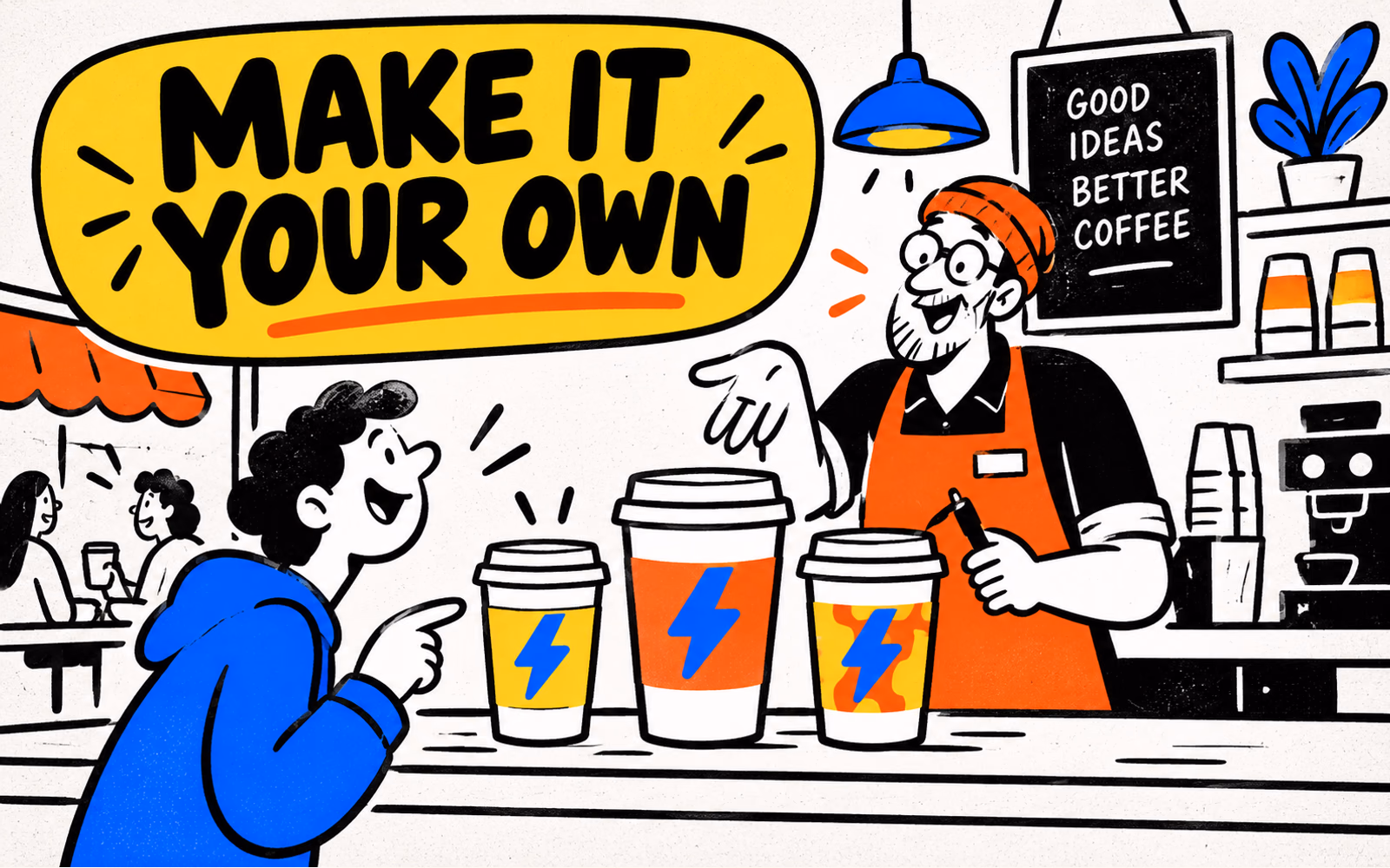 A fictional cartoon café uses an original blue lightning-bolt identity consistently across three yellow and orange paper cups.