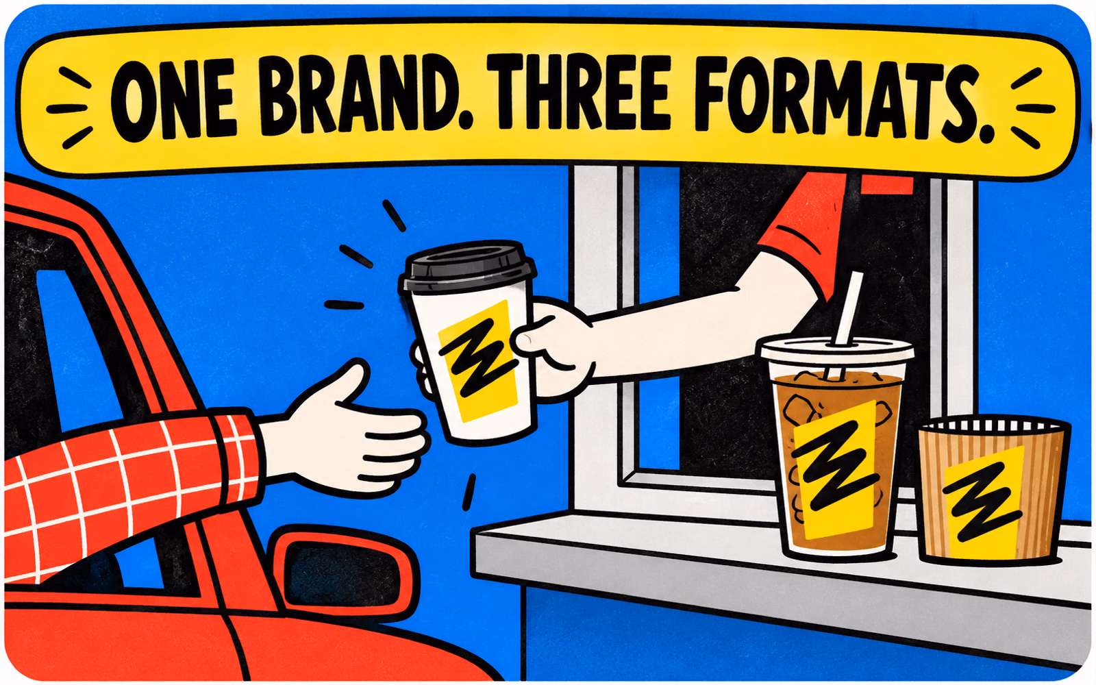 Original illustrated drive-through handoff pairs unbranded hot and cold cups with a separate sleeve using a shared geometric identity.