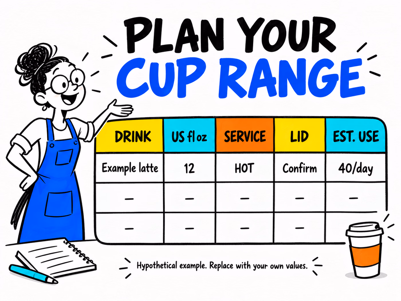 Planning worksheet matching drink, cup capacity, hot or cold service, lid needs, and estimated quantity, with a hypothetical example and blank rows.