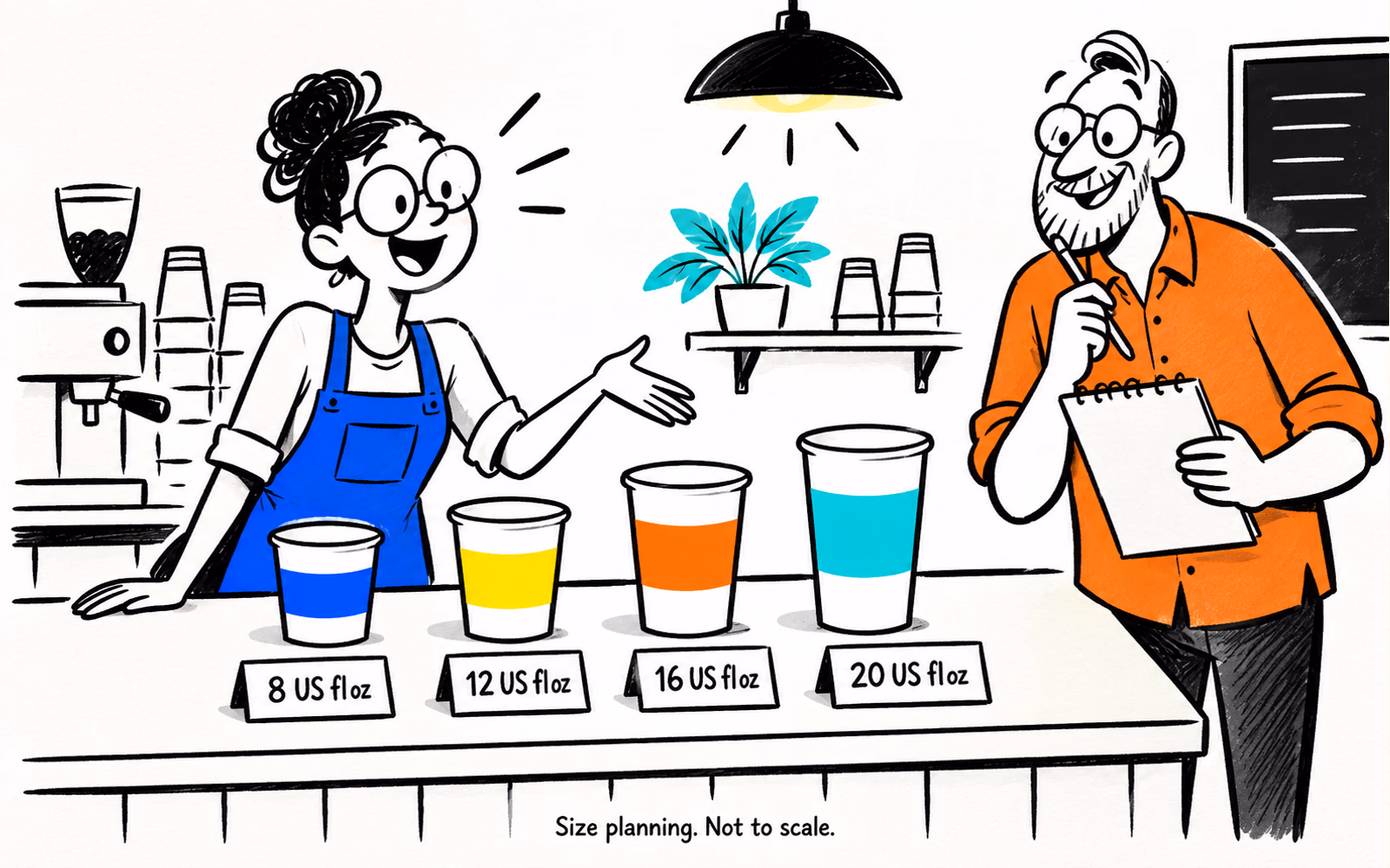 Cartoon café counter with four unbranded paper cups illustrating requested sizes of 8, 12, 16, and 20 US fluid ounces.