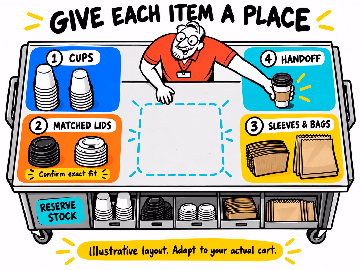 Illustrative coffee cart station with zones for cups, matching lids, sleeves and bags, handoff, and separate reserve stock.
