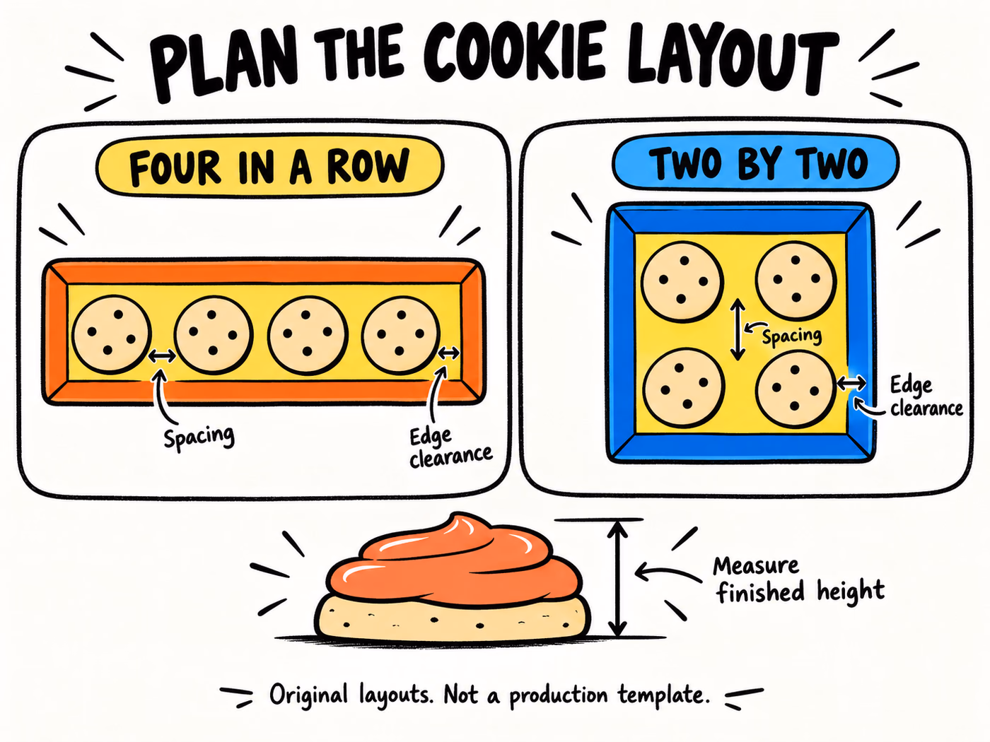 Top-down comparison of four cookies in a row and a two-by-two grid, with spacing, edge clearance, and height checks.