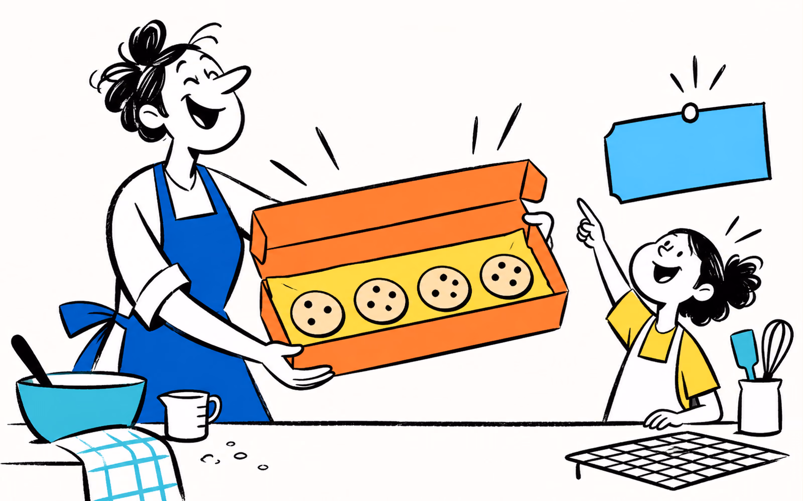 Cartoon baker presenting an original orange bakery box with four separate cookies in one row.