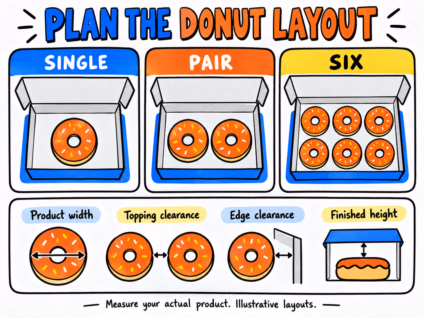Three illustrative donut arrangements showing single, pair, and six-piece layouts with product, topping, edge, and height checks.