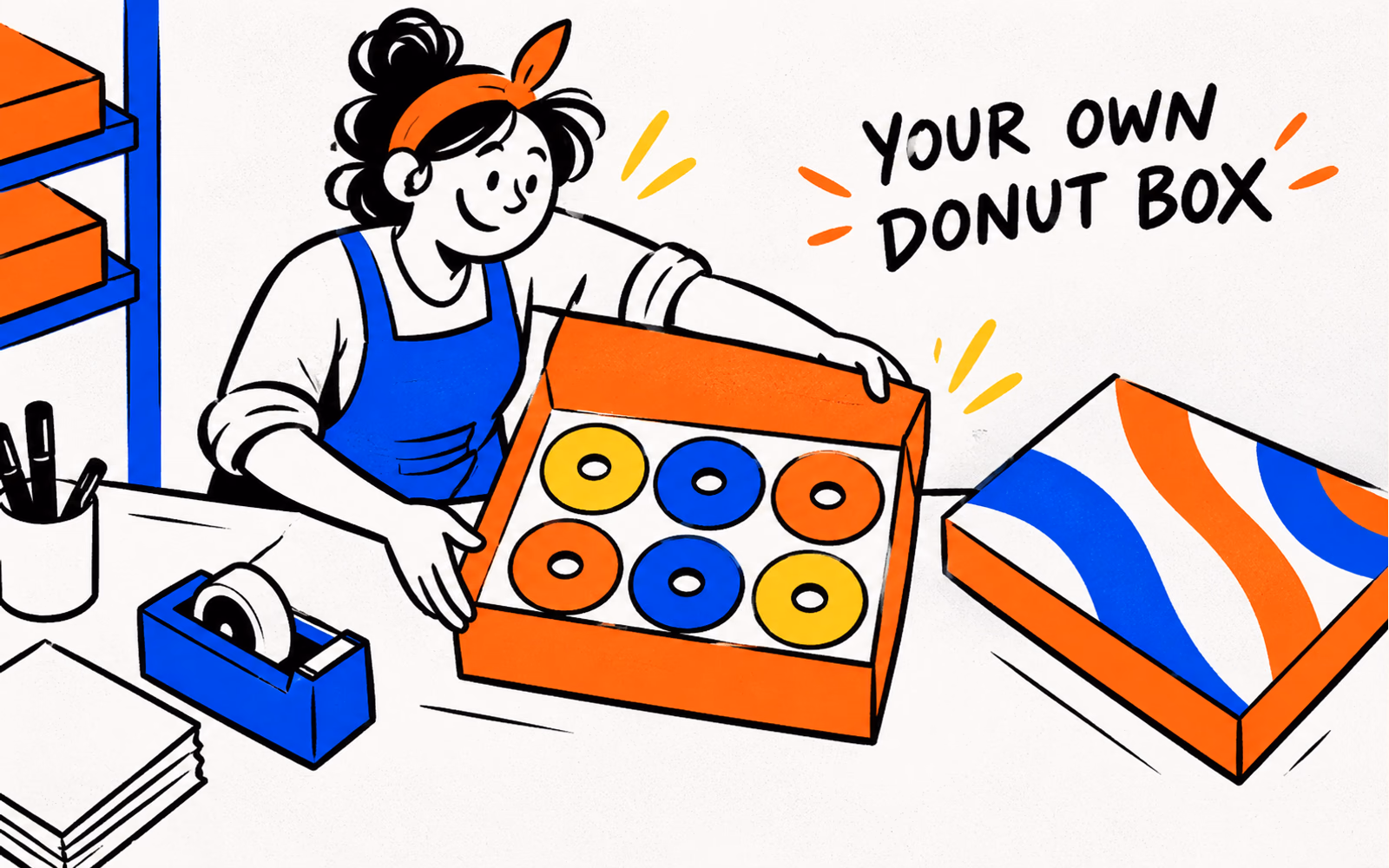 Illustrated baker opening an original striped donut box with six simple donuts arranged separately.