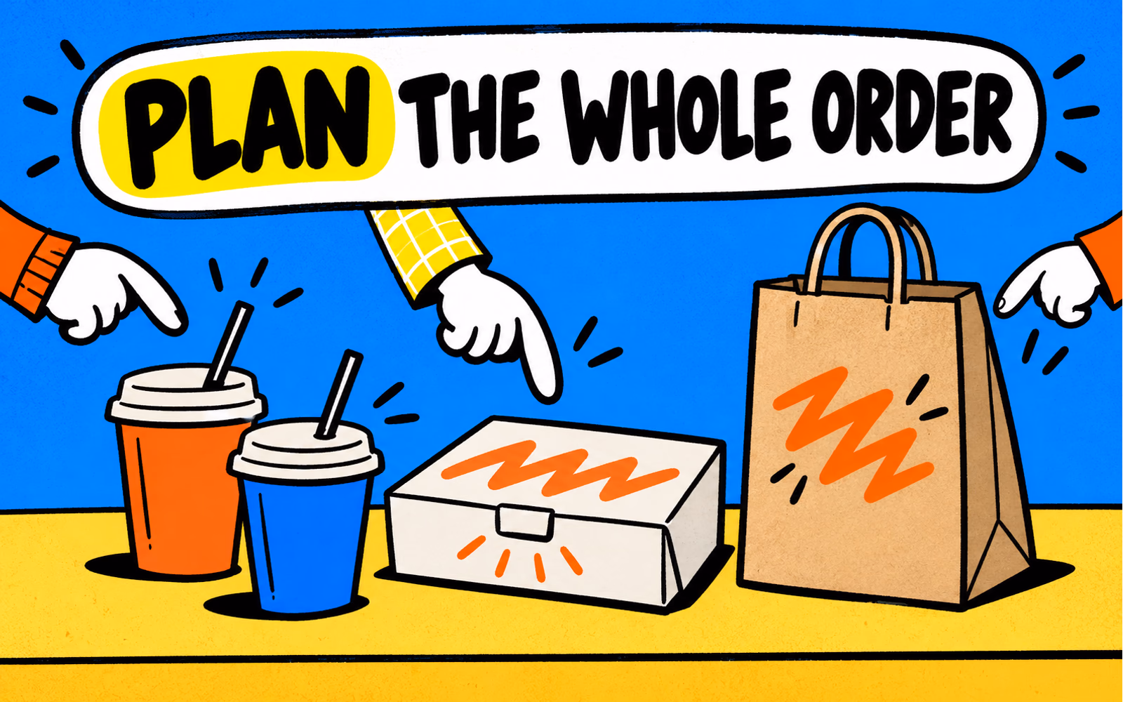 Original takeaway illustration shows two unbranded lidded drinks, a separate shallow donut carton and an upright handled carrying bag on a counter.