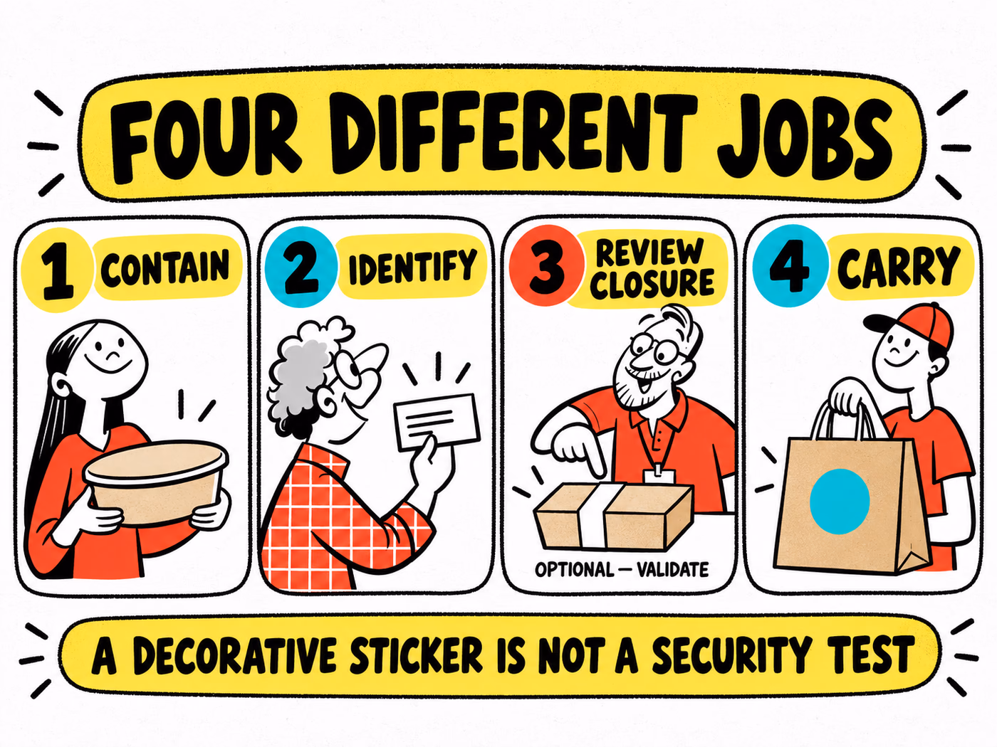 Four illustrated takeout jobs distinguish containment, identification, optional closure review, and carrying.