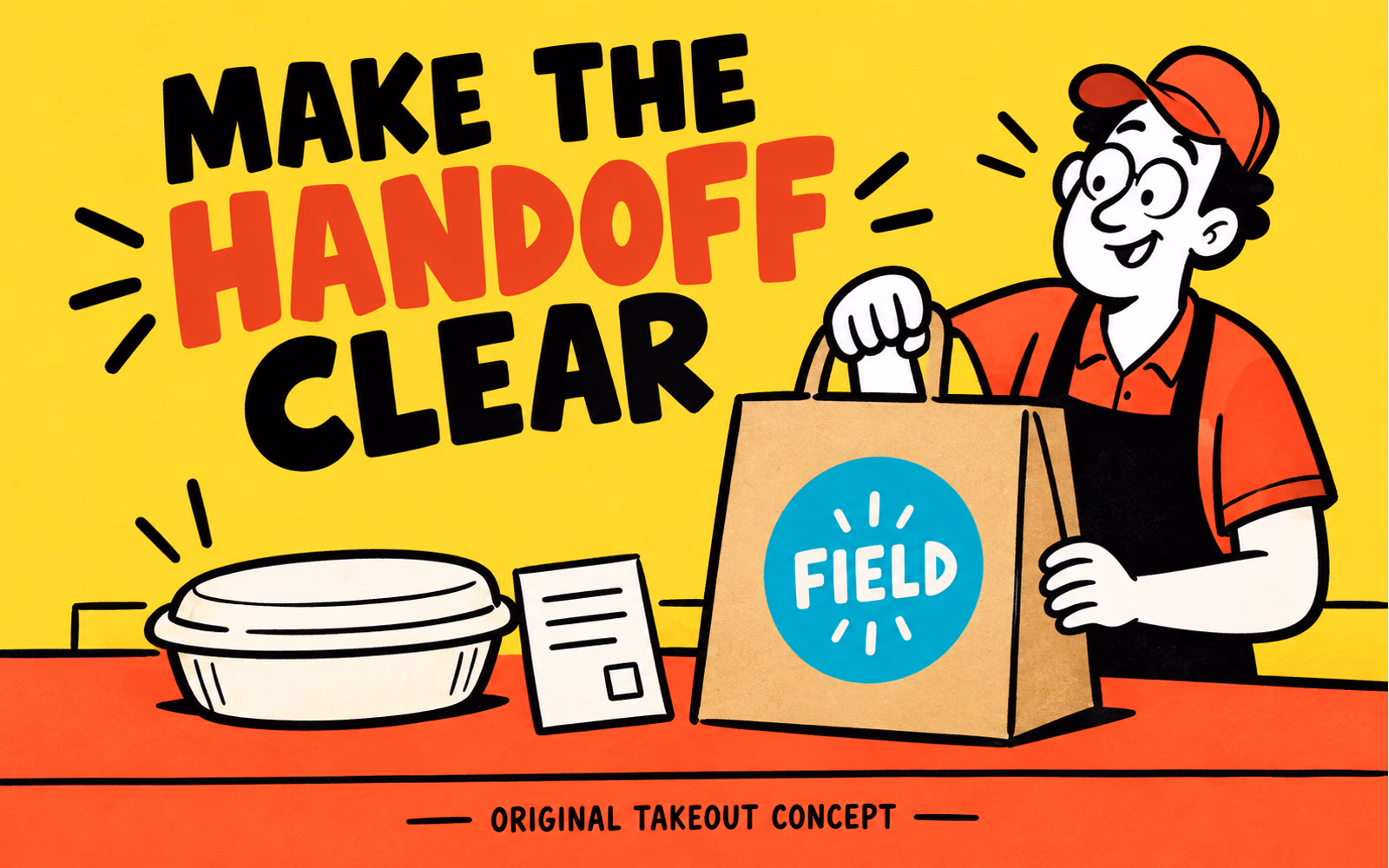 Original Field takeout concept has a closed oval container, blank order label, and kraft carrying bag with a turquoise circle.