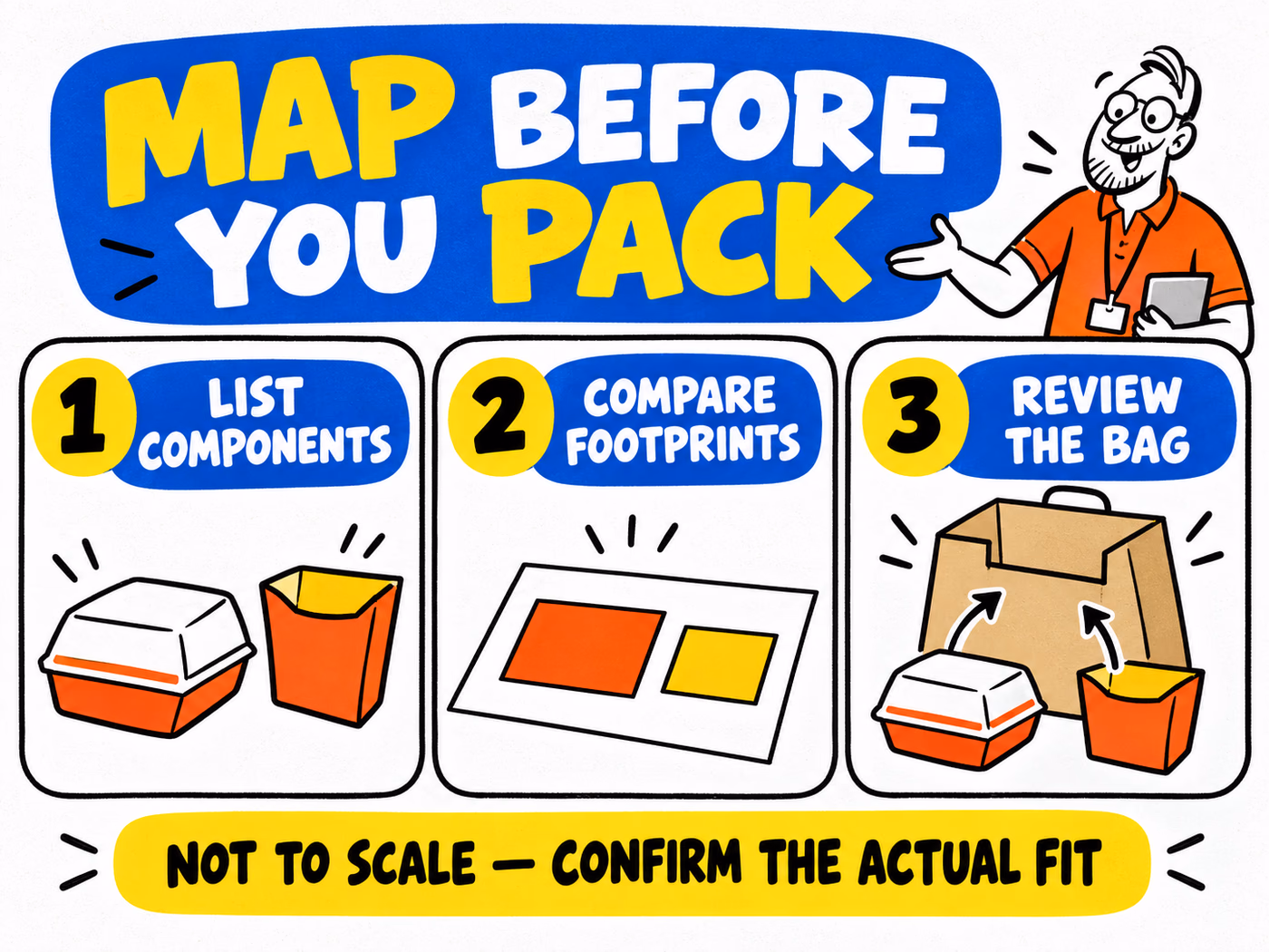 Unmeasured component map lists a burger box and side carton, compares their footprints, and proposes a carrying-bag review.