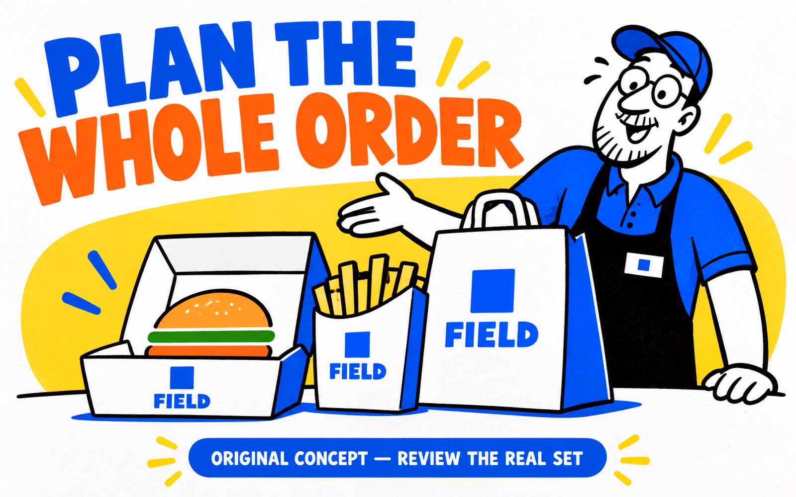 Original Field burger concept uses a partly open box, side carton, and carrying bag with blue square artwork and a simple cartoon worker.