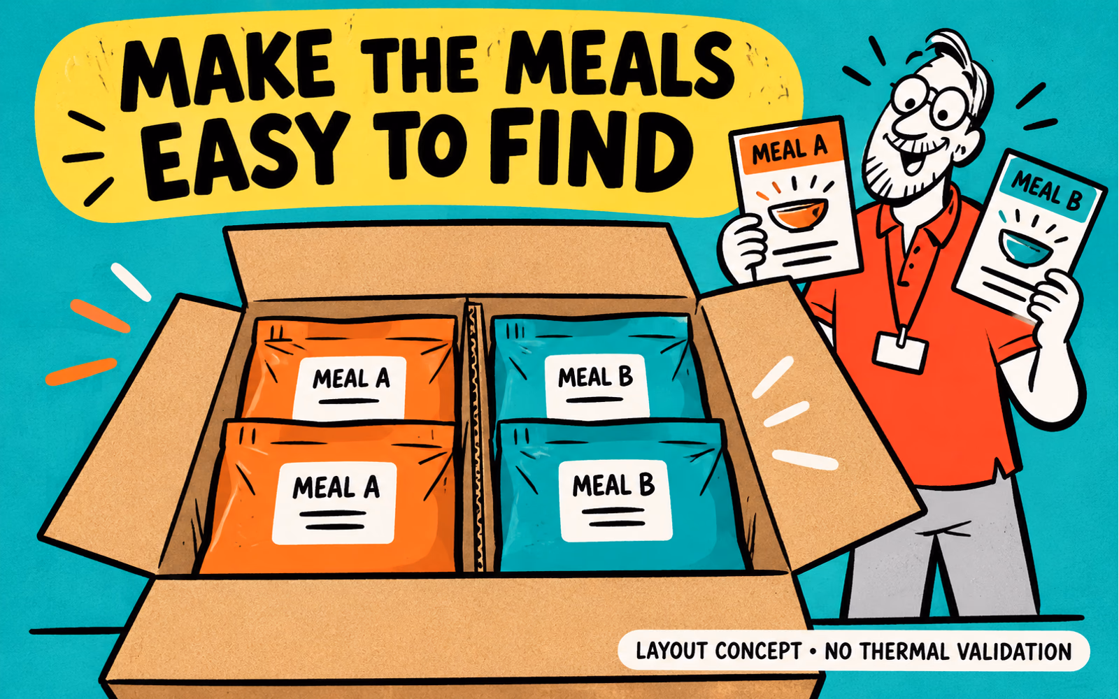 An illustrated open meal-kit box groups opaque neutral packs with conceptual partitions and recipe cards marked Meal A and Meal B.