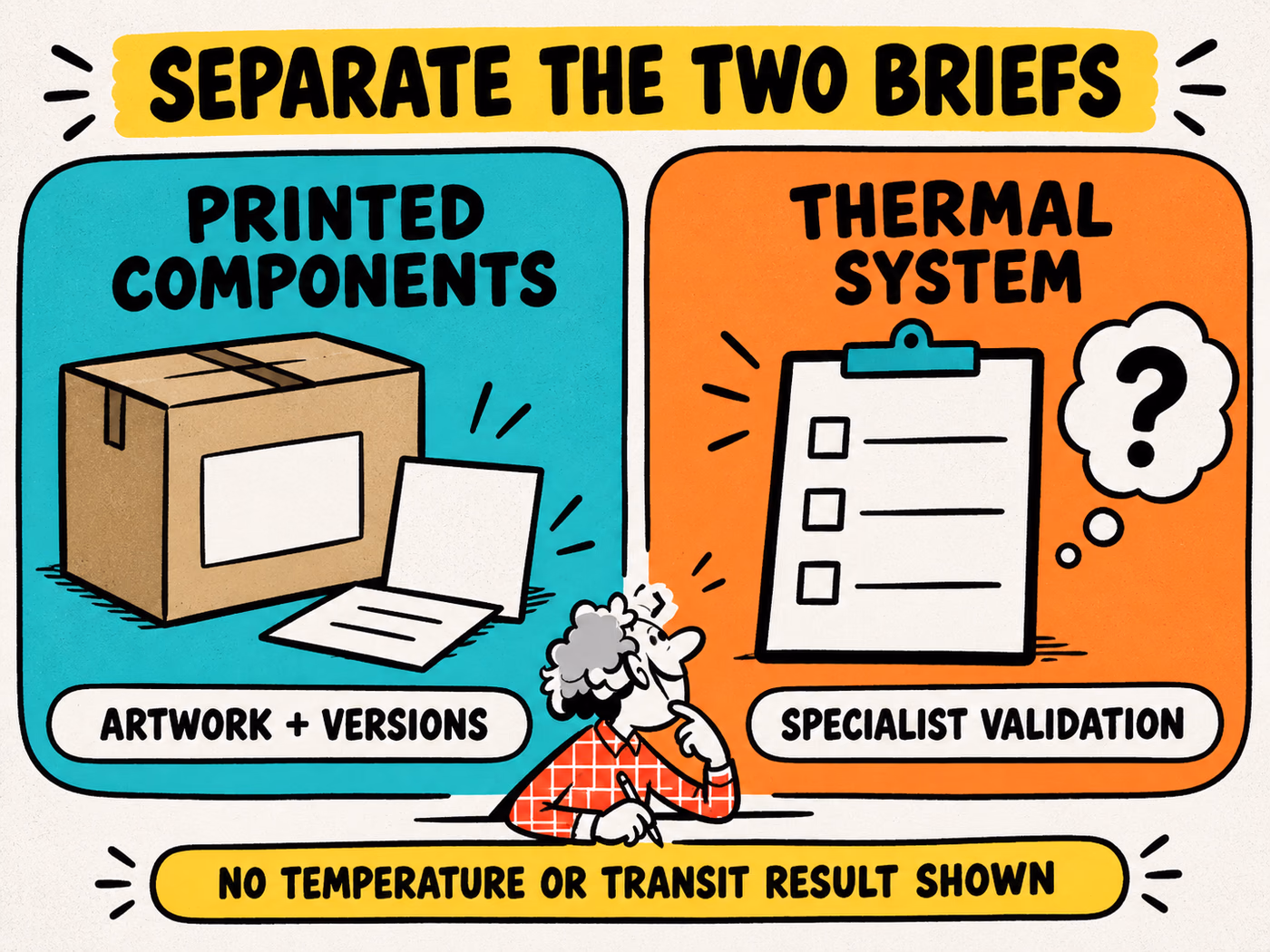 Two separate panels distinguish printed components and artwork versions from a thermal-system brief requiring specialist validation.
