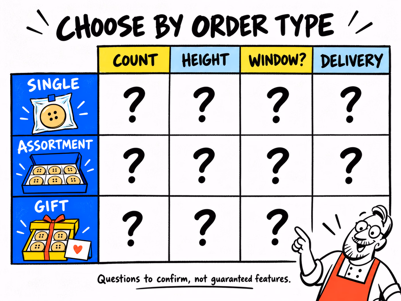 Cookie packaging planning matrix with single, assortment, and gift rows and columns for quantity, height, optional window, and delivery.