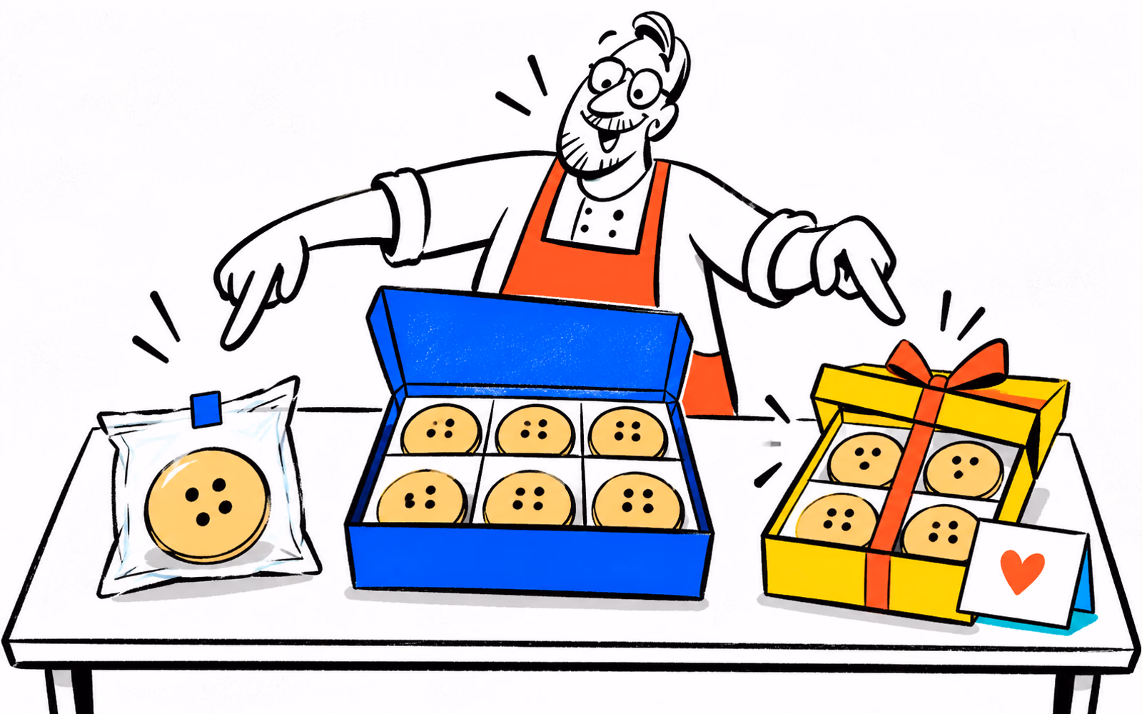 Bright cartoon packing table showing a single wrapped cookie, a cookie assortment box, and a separate gift set.