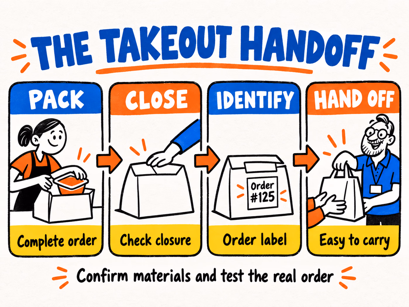 Takeout workflow with Pack, Close, Identify, and Hand Off panels, followed by a reminder to confirm materials and test the real order.