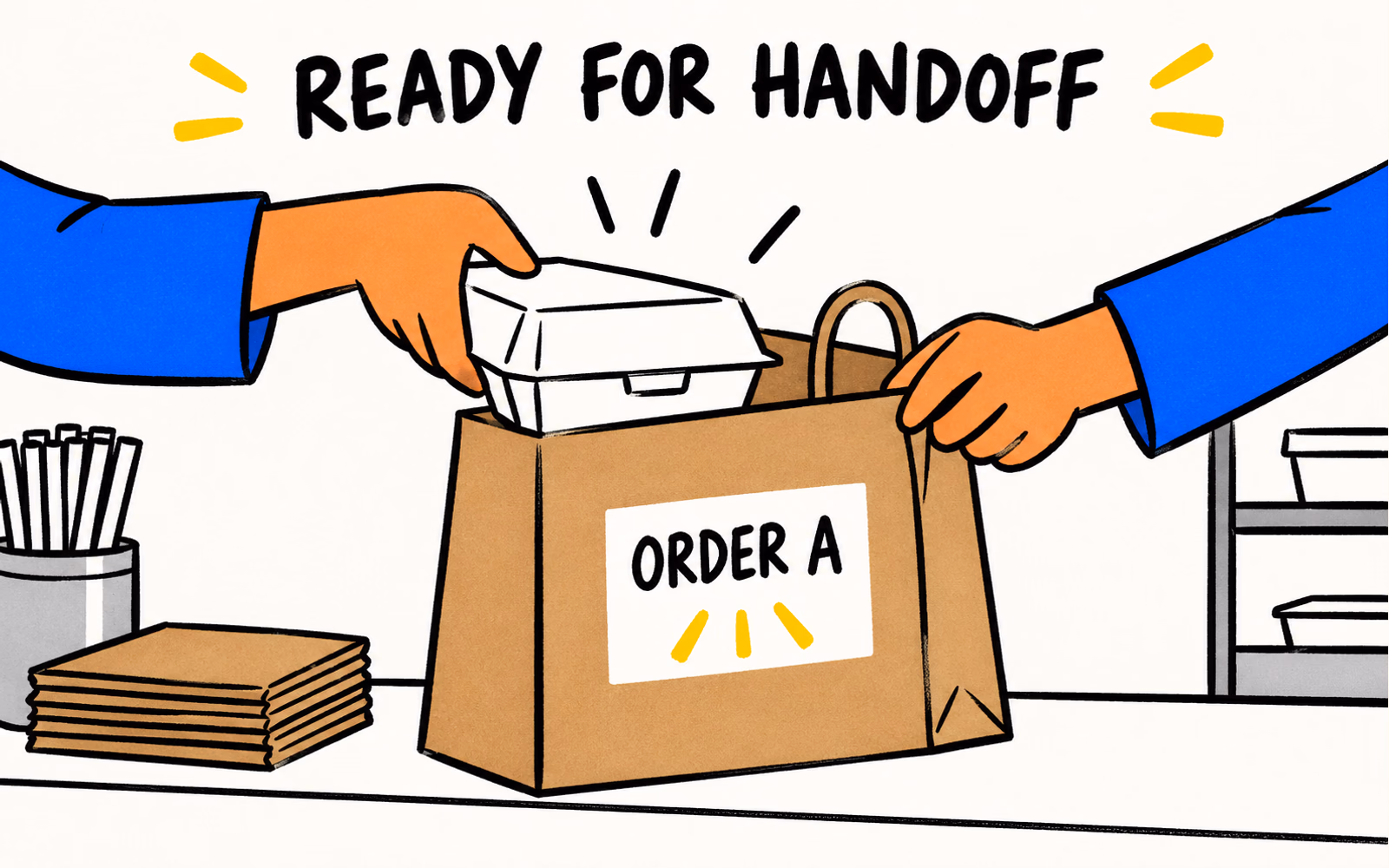 Two cartoon hands place a closed takeout box in a paper bag marked Order A at a restaurant counter.