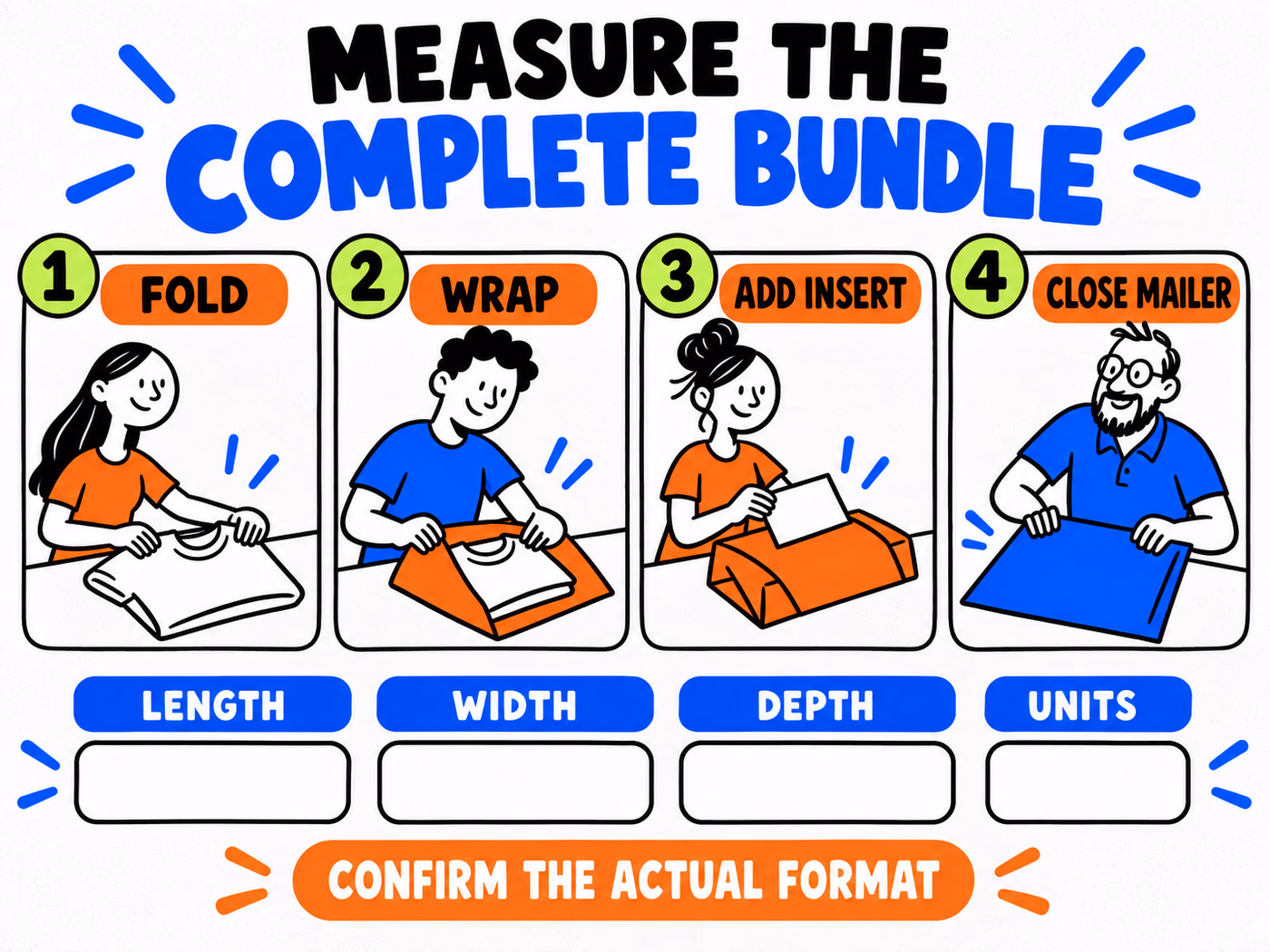 Four-step apparel sequence folds, wraps, adds an insert, and closes a mailer with blank length, width, depth, and units fields.