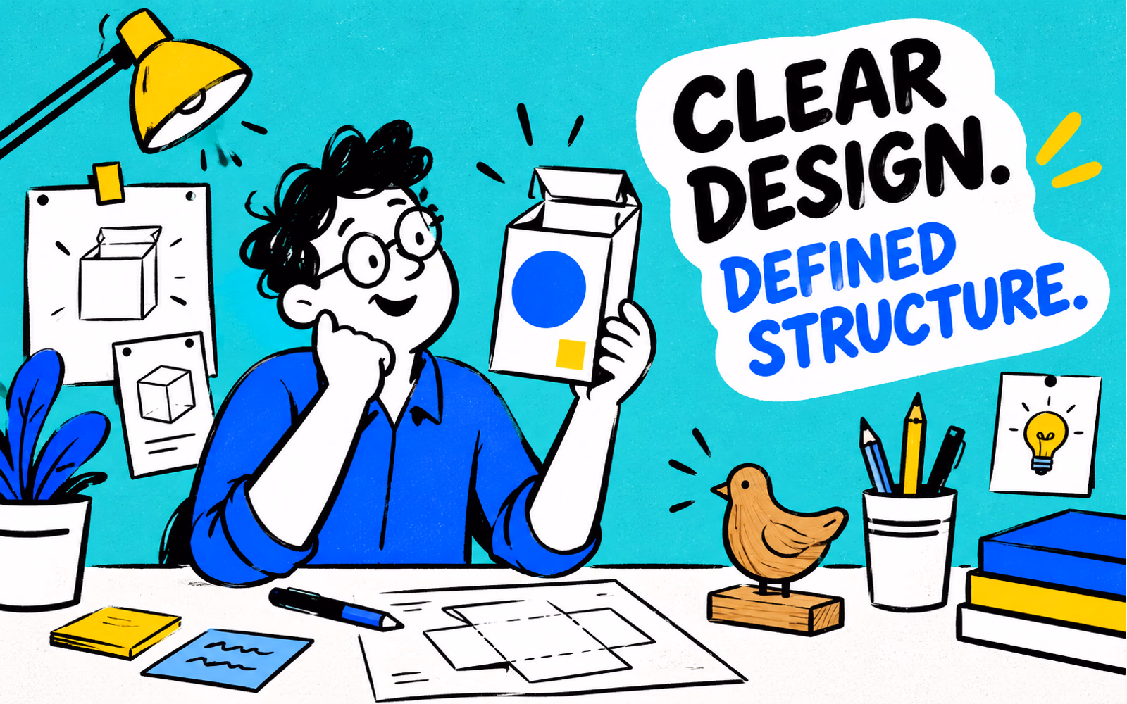 Original cartoon studio scene shows a simple folding carton with geometric artwork beside a generic non-electronic desk ornament.