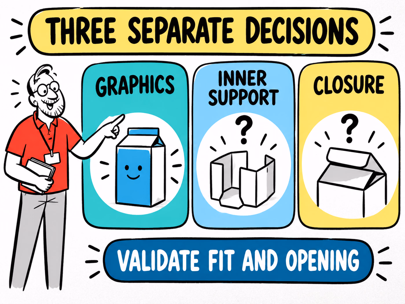 Three illustrated planning panels distinguish carton graphics, inner support and closure, leaving fit and opening to be validated.