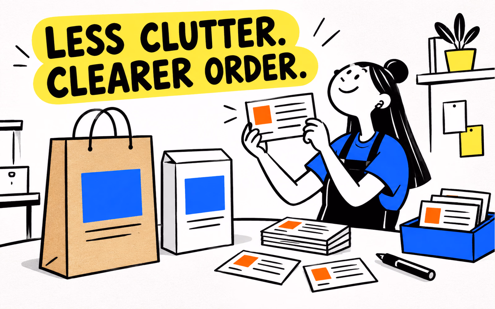 Original cartoon retail set coordinates a paper bag, folding carton and grouped label card with blue geometric artwork and orange accents.