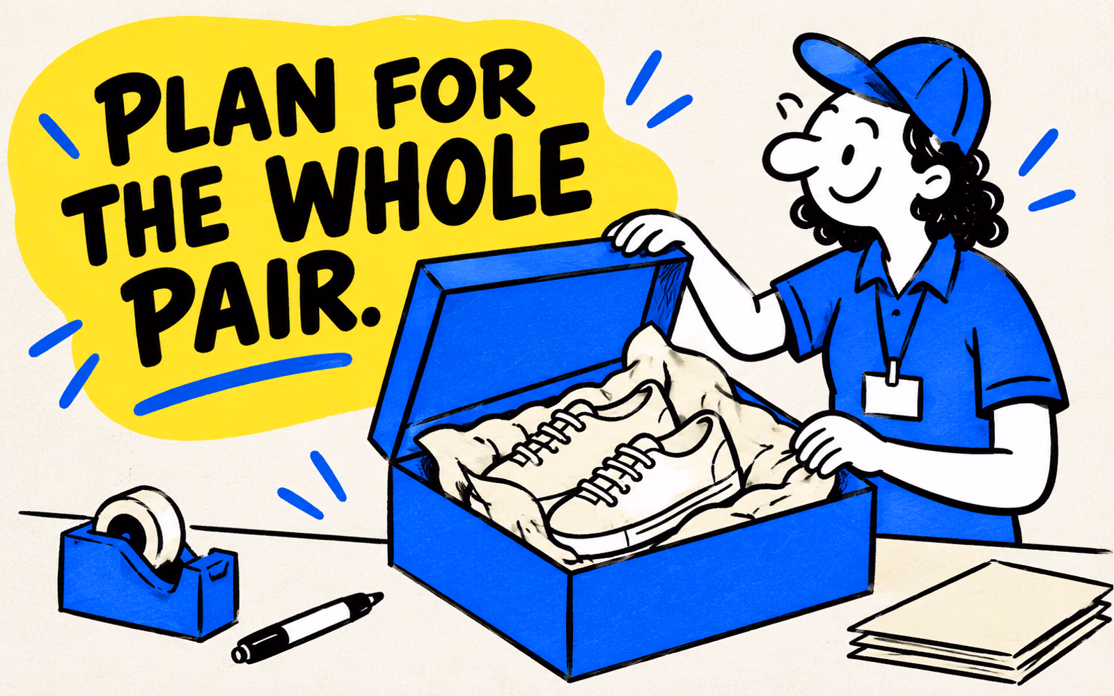 Original cartoon packer stands beside a blue presentation box containing two unbranded cream shoes and tissue paper with its lid visible.
