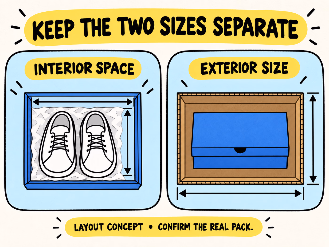 Two conceptual panels distinguish the interior space for a tissue-wrapped shoe pair from the exterior size of a separate shipping carton.