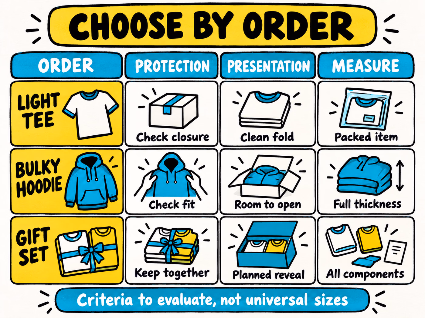 Decision matrix for a light tee, bulky hoodie, and gift set, comparing protection, presentation, and what to measure without universal sizes.