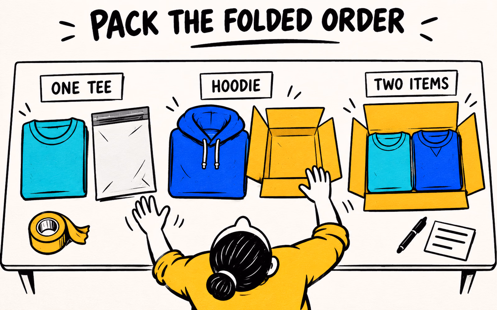 Top-down cartoon packing table with one tee and a poly mailer, a hoodie and a box, and two folded garments inside a larger box.
