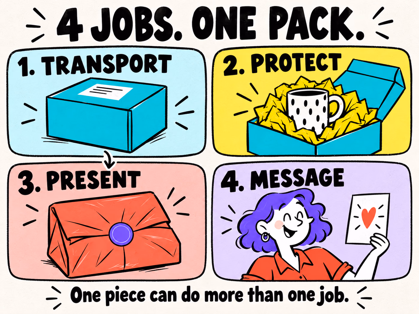 Illustrated packaging component map: a shipping box for transport, cushioning for protection, tissue and a sticker for presentation, and a thank-you card for the message.