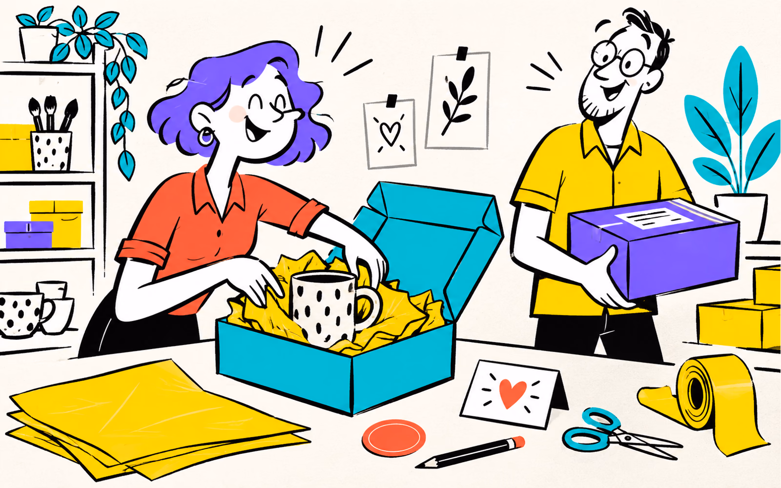 Bright cartoon illustration of two handmade sellers packing a ceramic mug with yellow cushioning, a turquoise box, and a personal card.