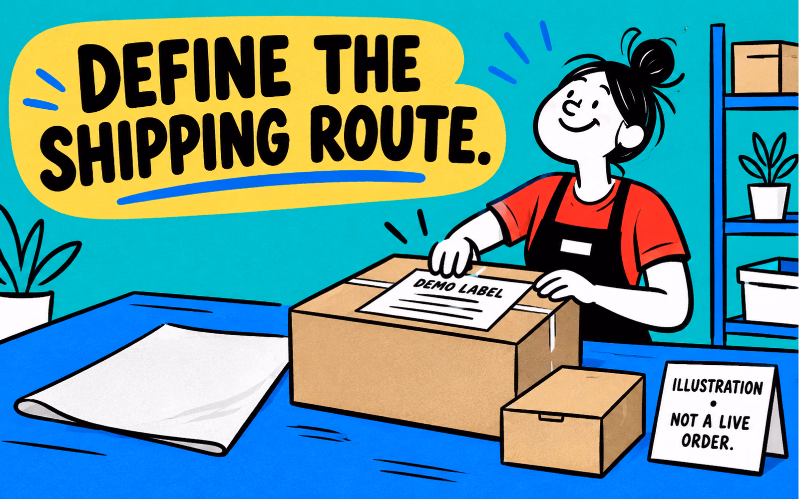 Cartoon seller prepares a fictional parcel with a nonfunctional demo shipping label, an inner box and a sheet of protective material.