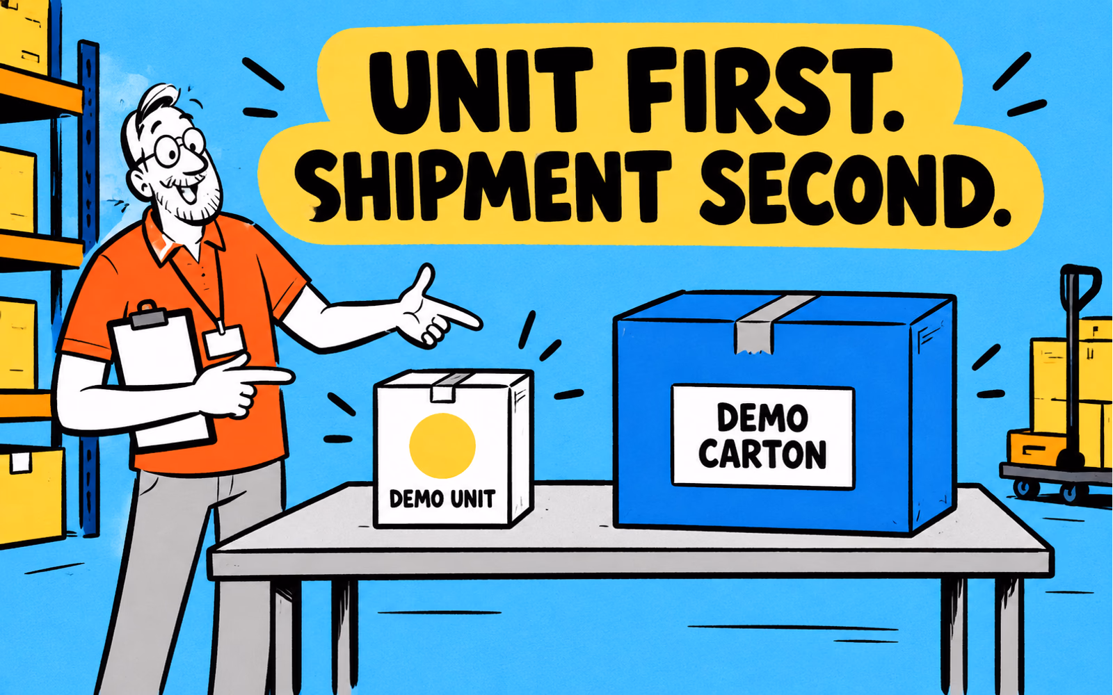 Original cartoon warehouse planner compares a smaller demo unit box with a separate larger demo shipment carton.