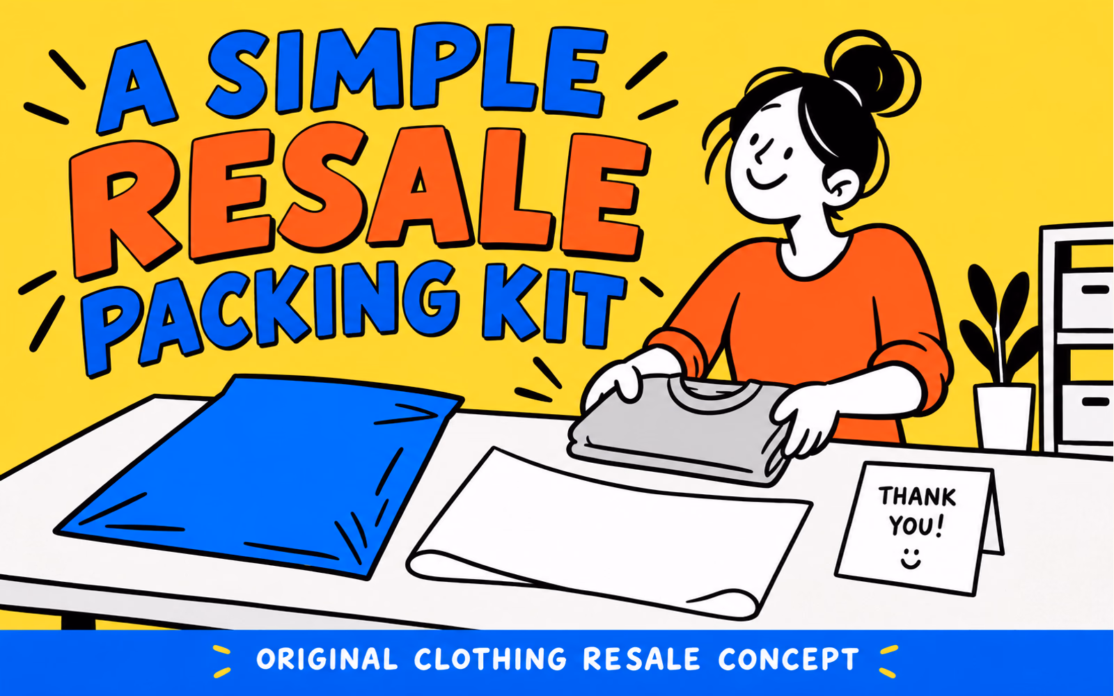 Cartoon resale seller has a folded plain shirt, opaque blue mailer, wrapping sheet, and plain note on a tidy table.