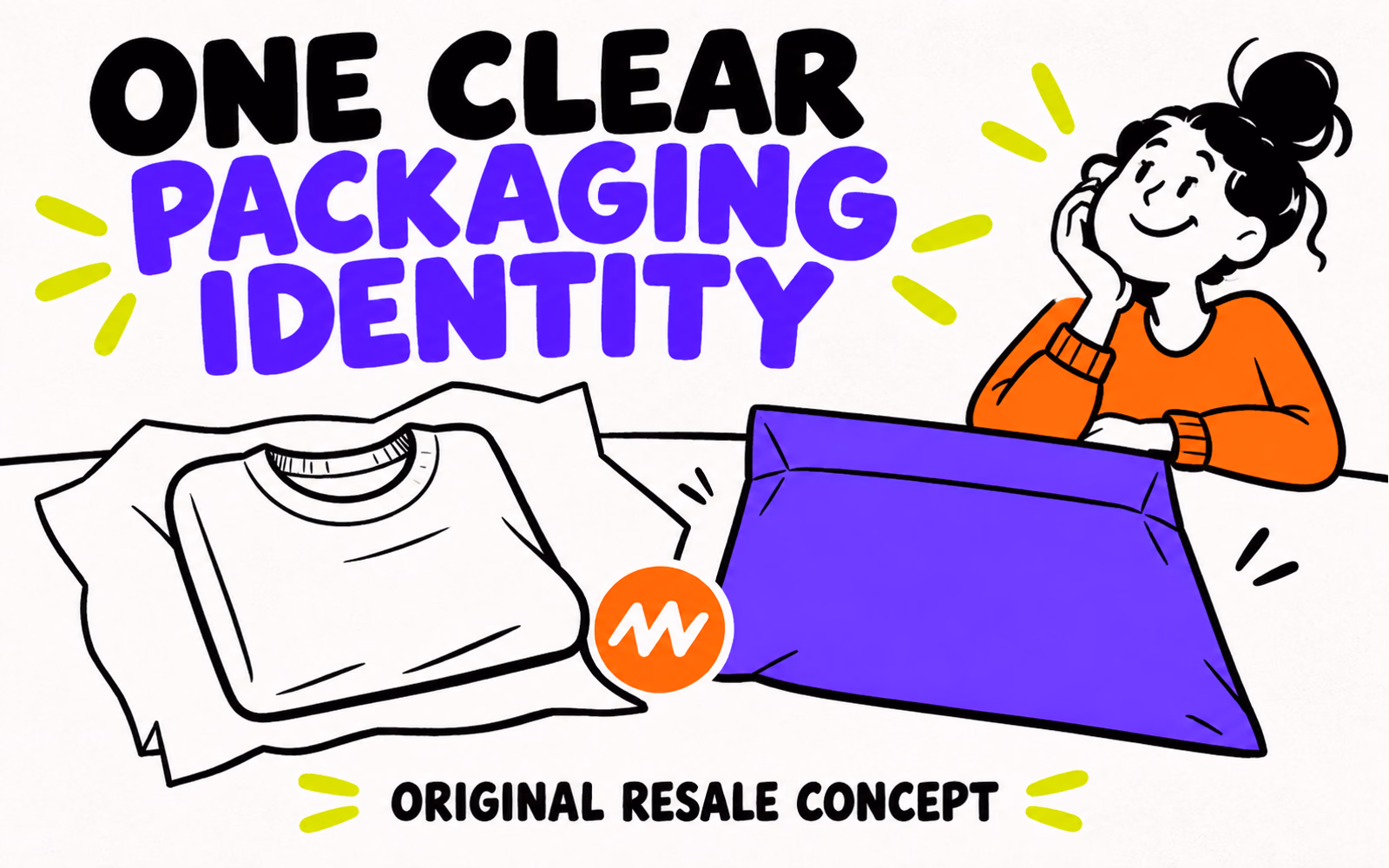 Original vintage-clothing concept has an unbranded shirt, plain tissue, one orange zigzag sticker, and an opaque violet mailer.