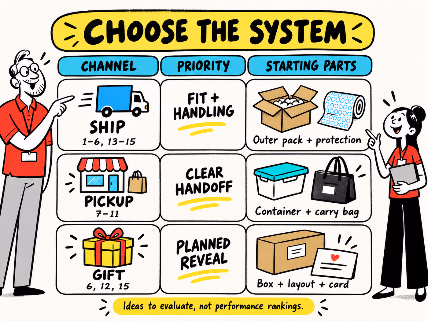 Selection matrix for Ship, Pickup, and Gift channels, showing fit and handling, clear handoff, and a planned reveal with example system references.