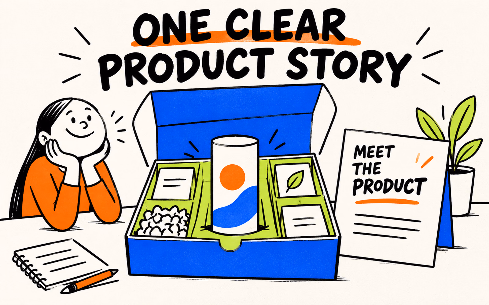 Open blue PR box with one focal cylindrical product, conceptual compartments, and a Meet the Product story card on a studio table.
