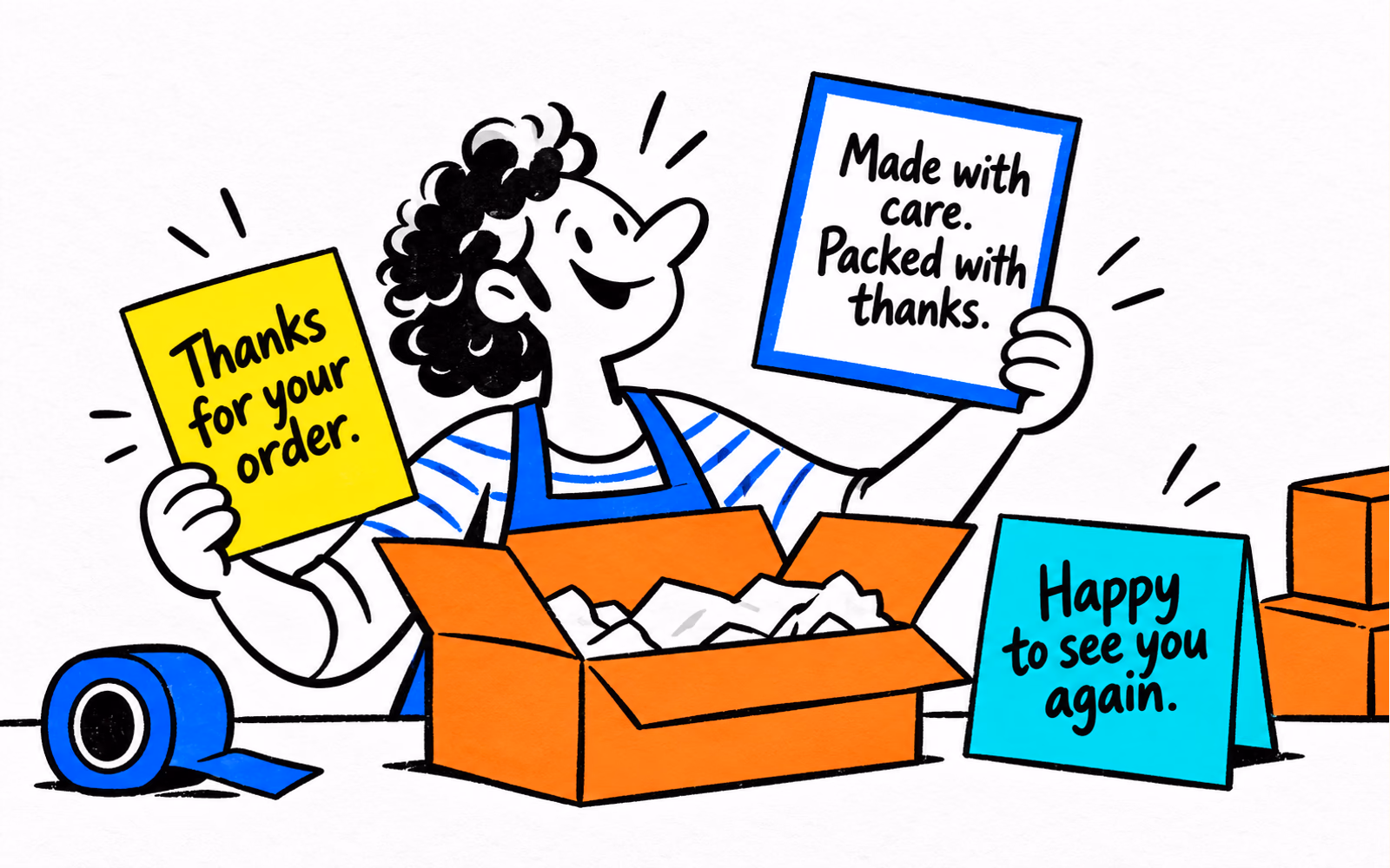 Cartoon packing station with three bright thank-you cards carrying original short messages.