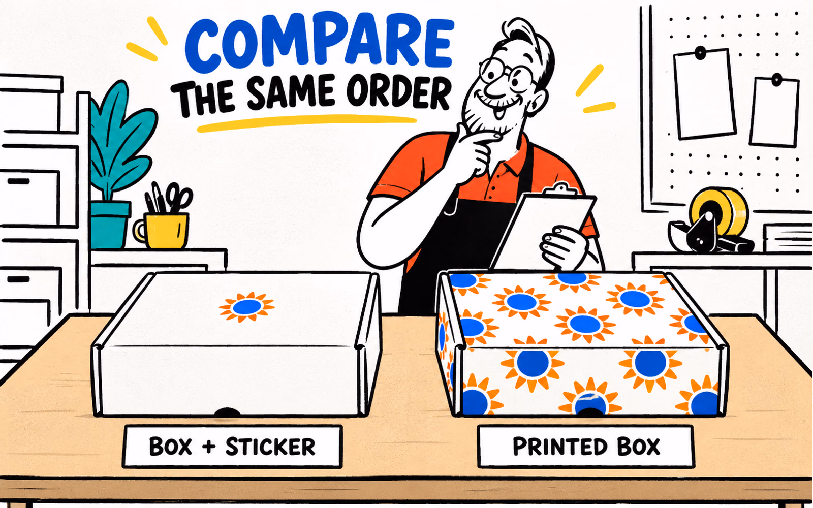 Two closed boxes of equivalent size comparing a plain box with a sun sticker and a directly printed sun-pattern box.