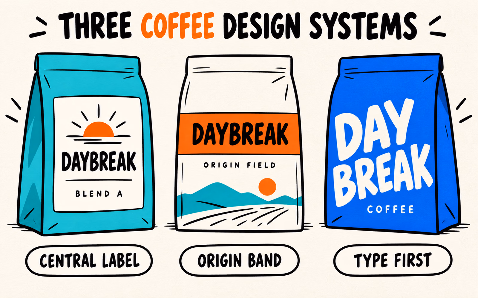 Three Daybreak coffee pouch concepts using a central label, an origin band, and a typography-led layout, with no certification seals.