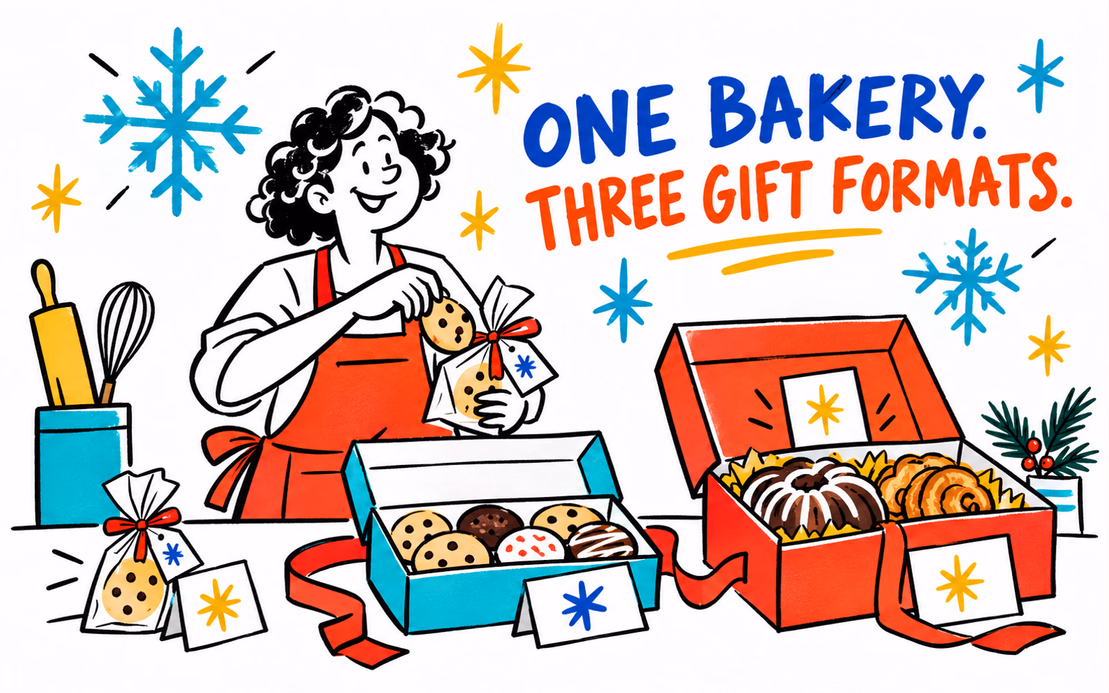 Illustrated winter bakery collection with three gift formats sharing star labels, bright blue boxes, and message cards.