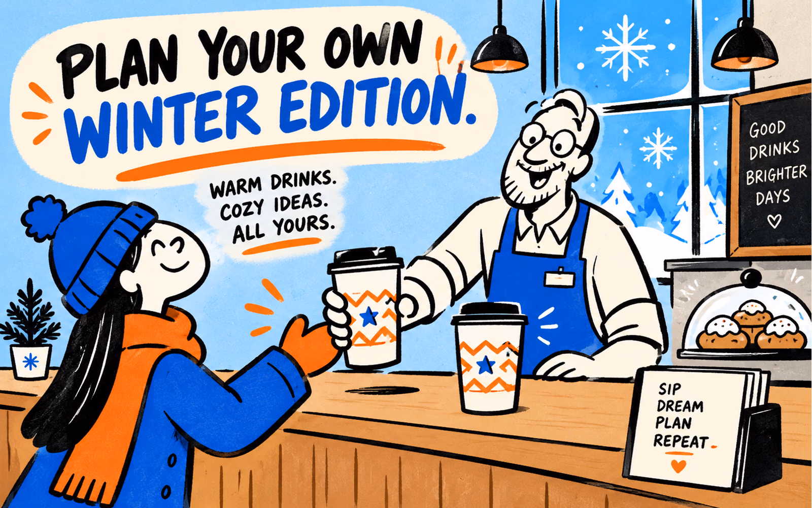 Expressive cartoon café team plans original blue and orange seasonal cup artwork at a counter with a large seasonal planning heading.