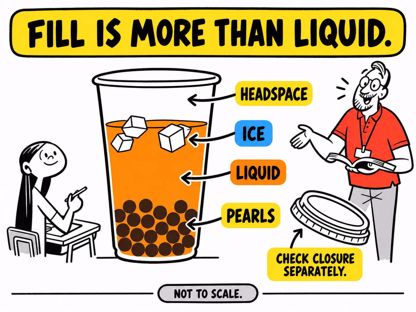 Conceptual boba cup section labels pearls, liquid, ice and headspace, with a separate closure to check.