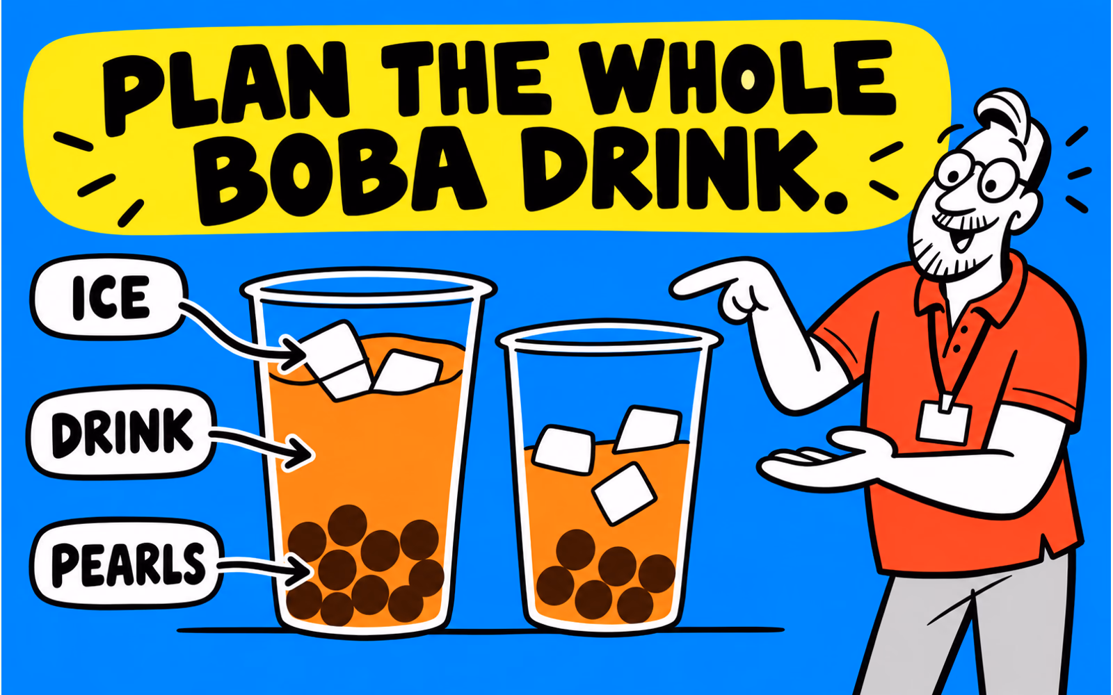 Cartoon café worker compares two unbranded boba cups with different pearl, drink and ice arrangements.