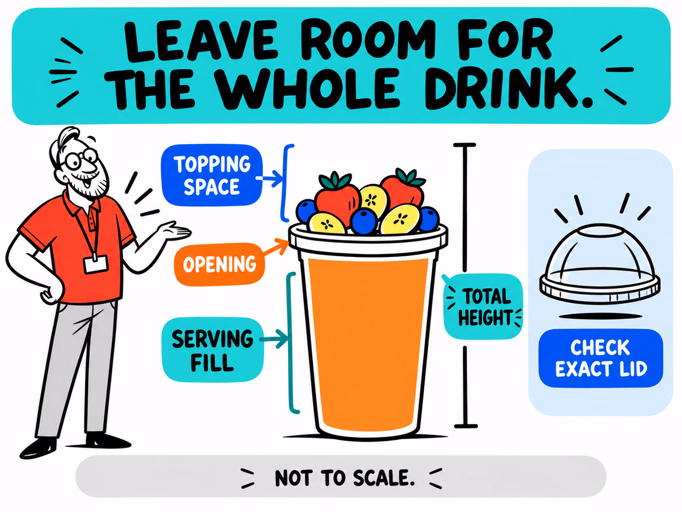 Illustrative smoothie section identifies serving fill, topping space, opening and total height, with a separate lid to check.