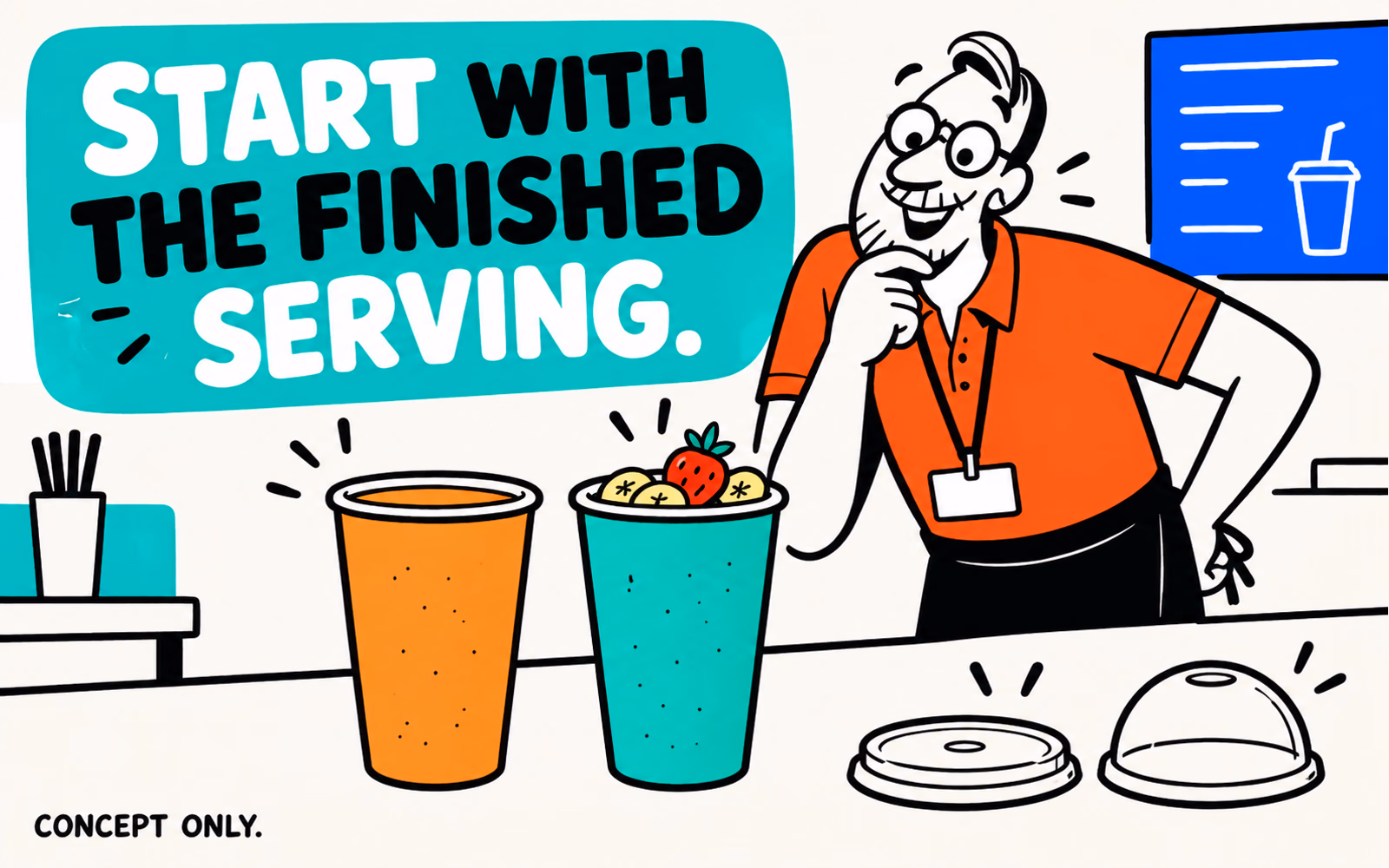 Two unbranded illustrated smoothies have different topping requirements, with generic closures shown separately beside a café worker.