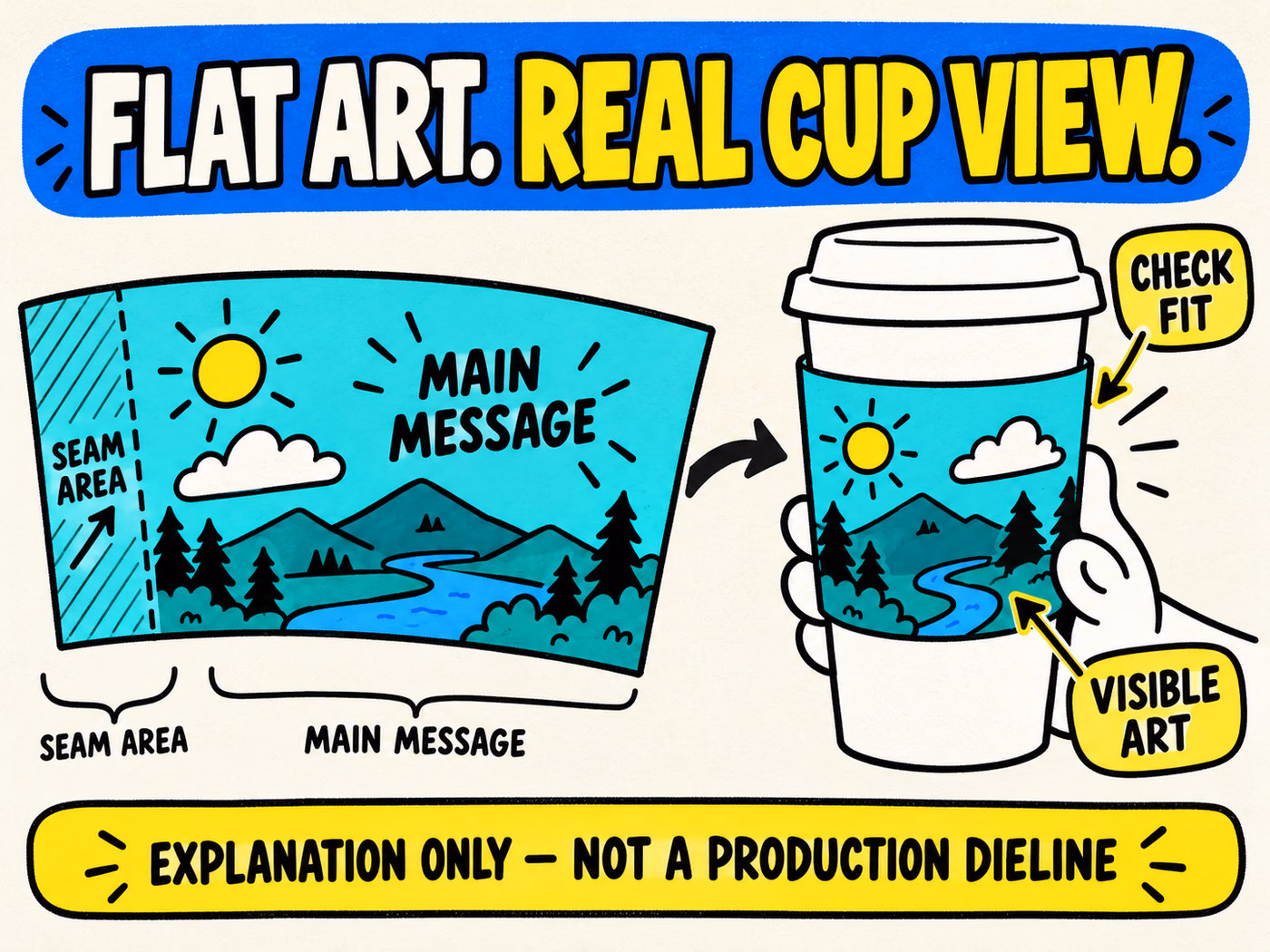Explanatory flat and assembled sleeve views showing seam area, main message, fit, and visible artwork; labelled as not a production dieline.